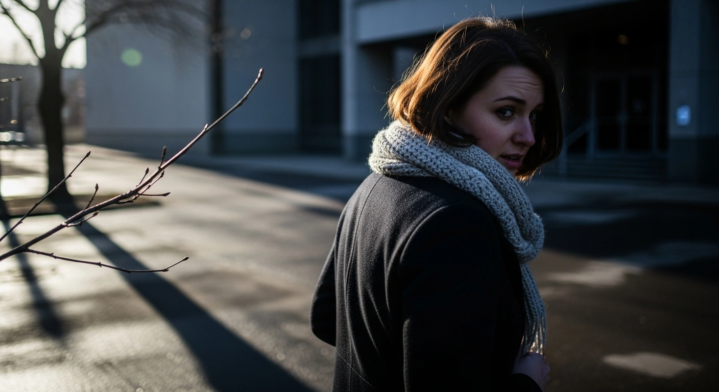 A young woman in her 20s, her back partially turned, walks away from an imposing building under a somber, late afternoon sky, reflecting her recent release without charge after being arrested on suspicion of murder in connection with the death of Daniel Aruebose, whose remains were found in Donabate, Dublin.