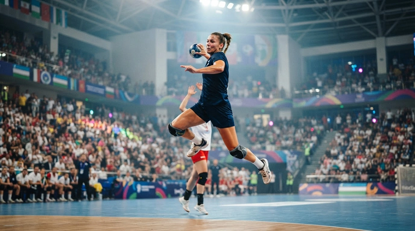 A female handball player jumps to throw a ball during the Women's IHF Nations Trophy Asia Zone III tournament held in Tashkent, Uzbekistan.