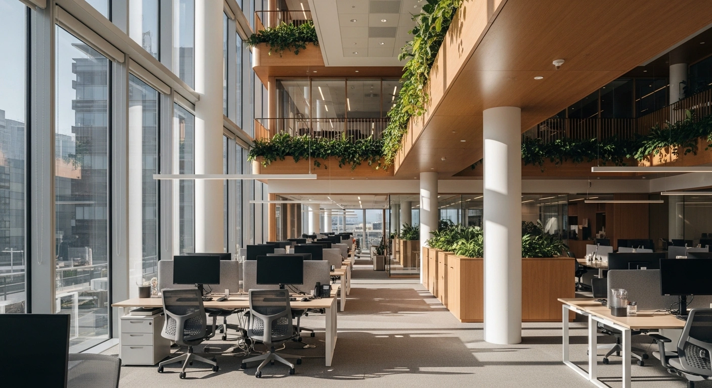 A modern, sustainable office interior at 105 Victoria Street in London, representing the new workspace expansion for The Work Project.