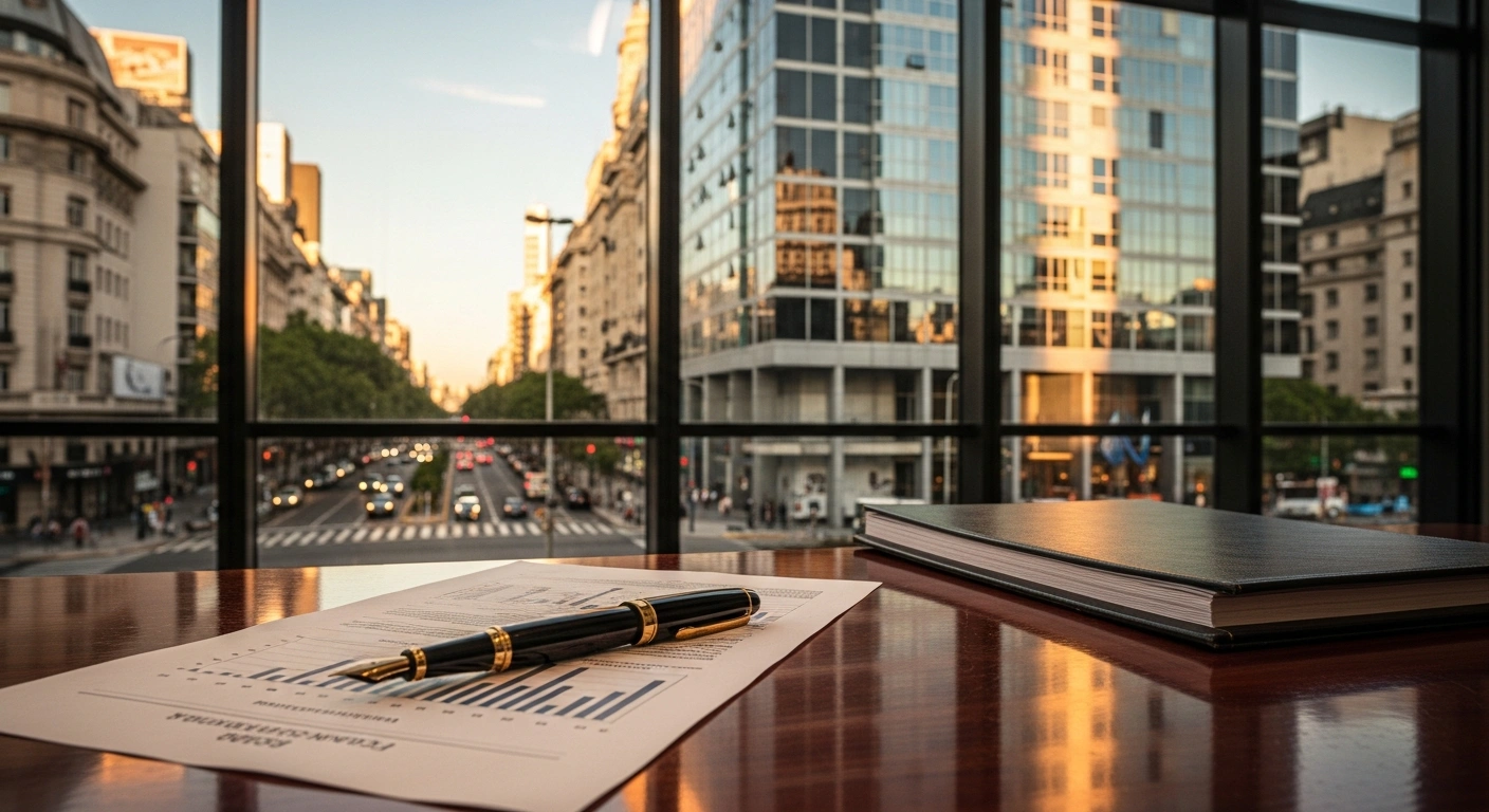A professional desk overlooking a modern financial district in Argentina represents the World Bank's two billion dollar loan guarantee for economic stabilization.