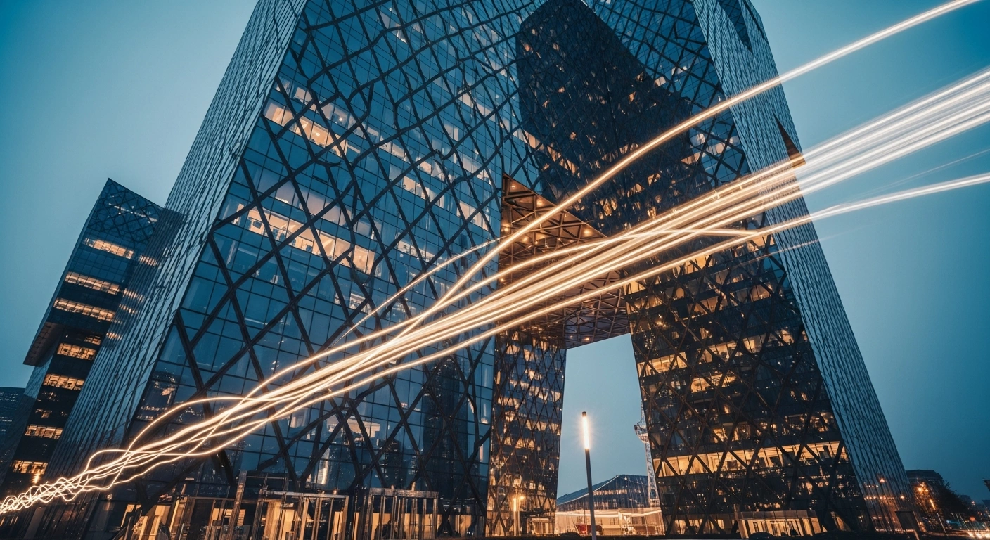 A modern architectural building in Beijing represents the establishment of the World Data Organization to improve global data governance and security.