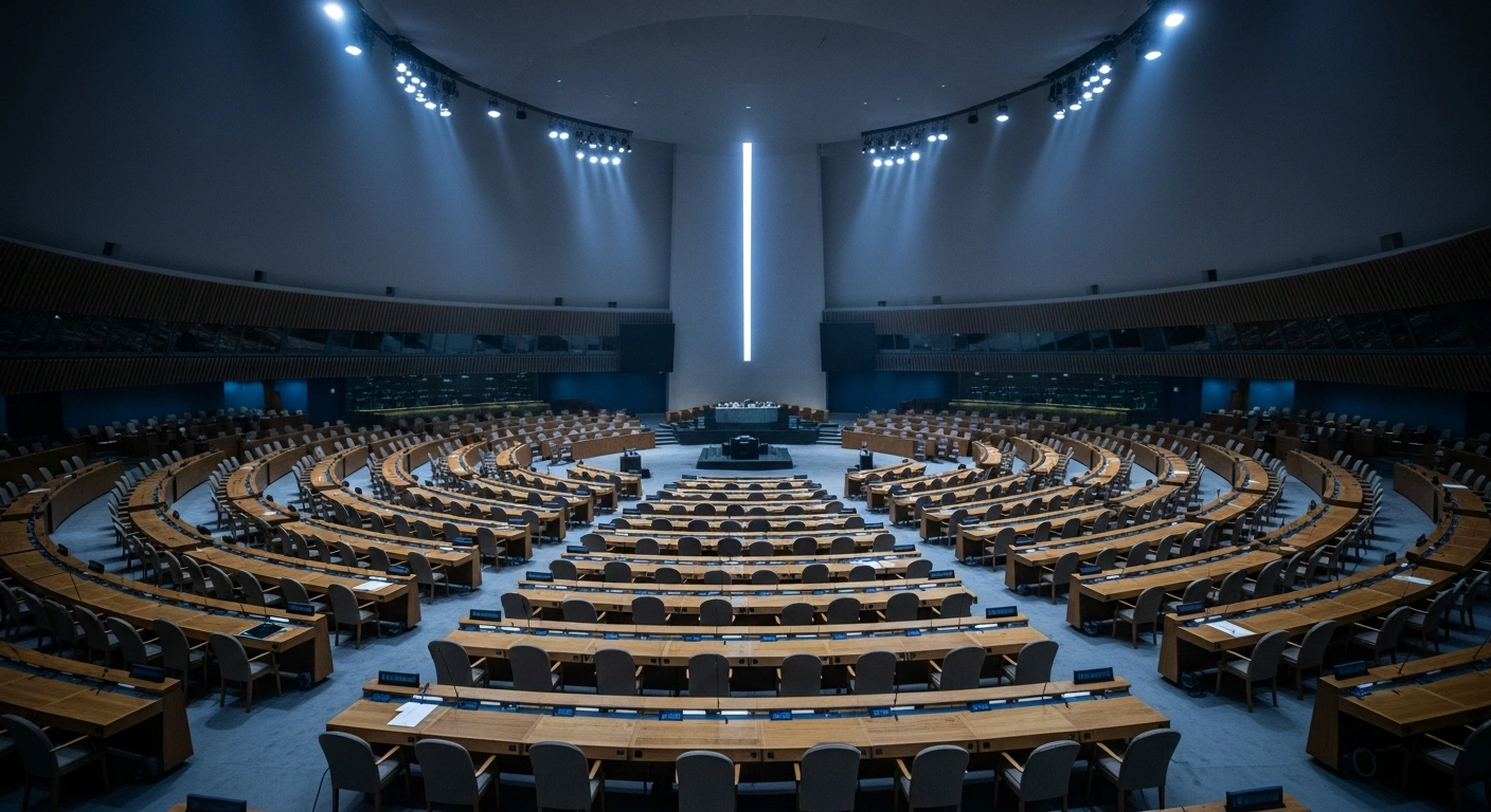The interior of a grand international assembly hall represents the World Health Assembly where a decision was made regarding Taiwan's observer status.