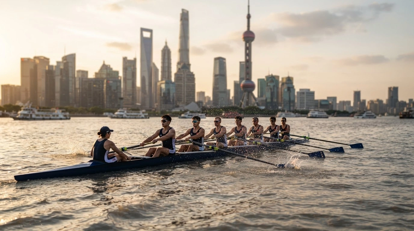 Professional rowers compete in a high-intensity 500m relay race during the 2026 World Rowing Shanghai Sprints in China.