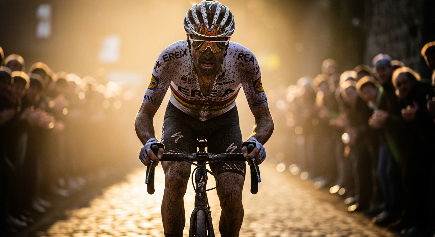 Belgian cyclist Wout Van Aert rides his bicycle over the cobblestone sectors during the 123rd edition of the Paris-Roubaix race.