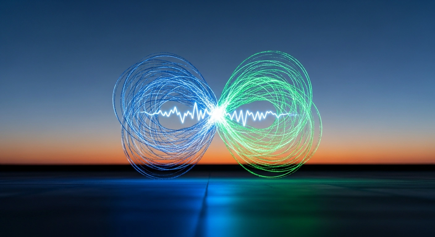 A visual representation of two distinct, luminous energy forms, one blue and one green, merging with an electric pulse, symbolizes WTW's strategic acquisition of San Francisco-based broker Newfront for up to $1.3 billion, aimed at expanding its US middle market footprint and integrating advanced technology and AI capabilities by Q1 2026.