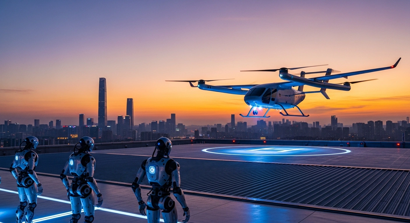 A futuristic cityscape in Wuhan, China, at dusk, featuring a sleek eVTOL aircraft descending onto a rooftop landing pad while advanced humanoid robots stand in the foreground, symbolizing Hubei Province's progress in low-altitude economy and artificial intelligence.