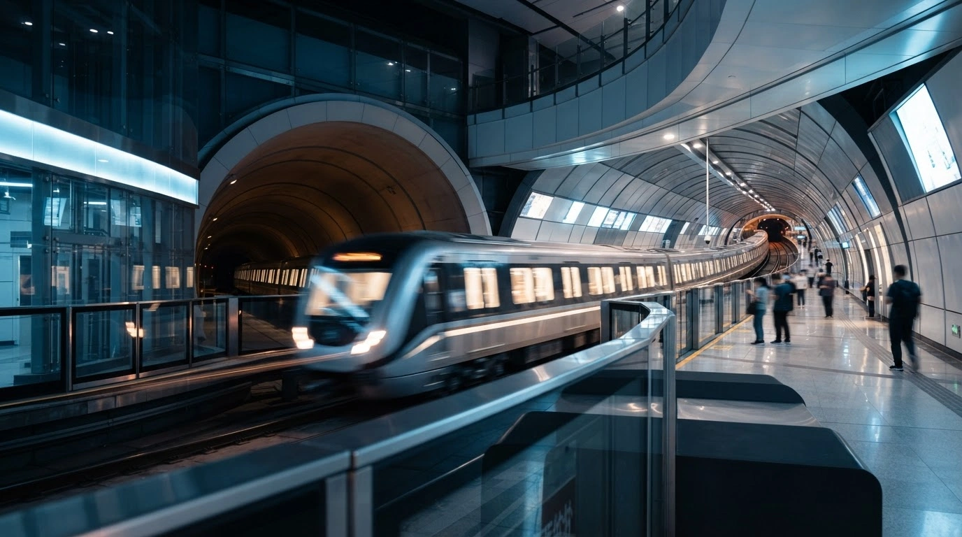A modern subway train travels through a brightly lit station on the newly opened Line 12 loop in Wuhan, China.