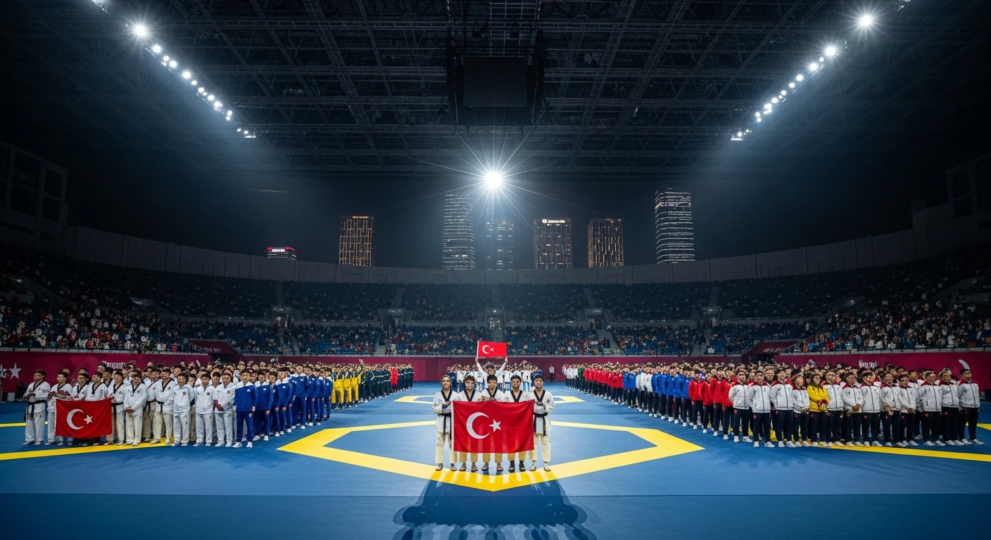 A wide, low-angle view inside a brightly lit taekwondo arena in Wuxi, China, shows 991 athletes from 180 nations standing together, with a spotlight on a group of athletes from Türkiye holding their national flag, symbolizing their leading medal count at the 2025 World Taekwondo Championships.