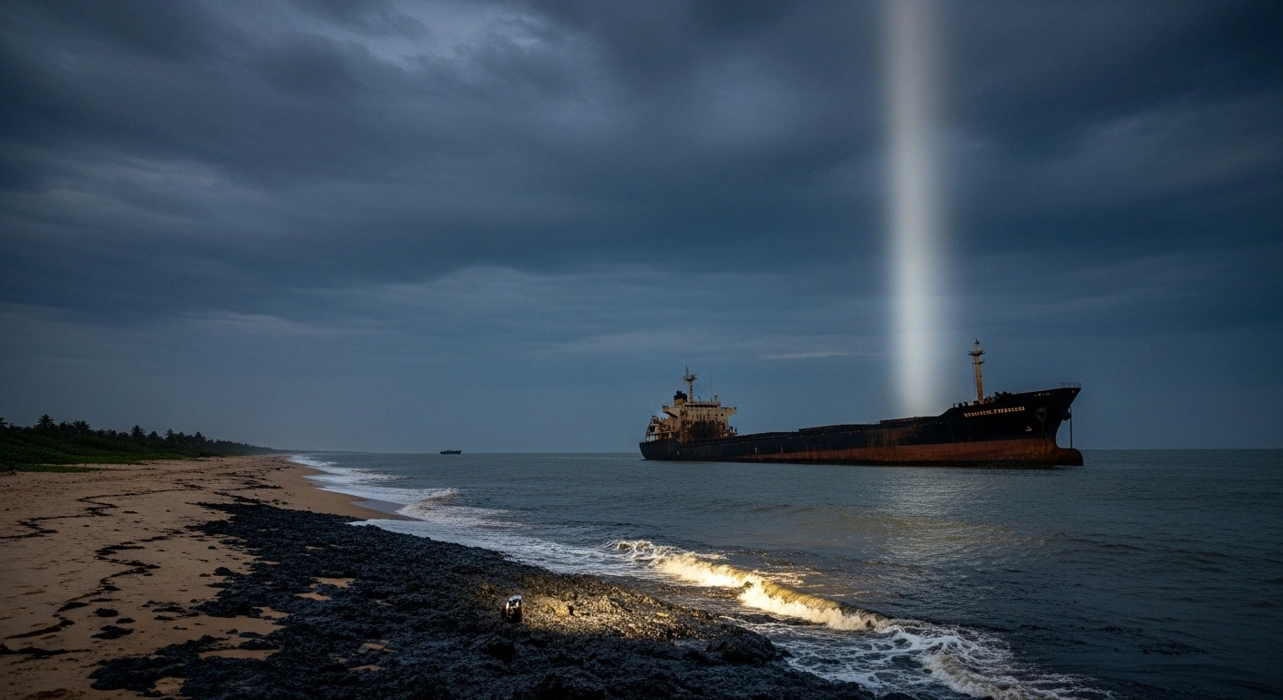 A desolate, oil-slicked coastline in Sri Lanka with the partially submerged wreck of a large cargo ship under a stormy sky, representing the MV X-Press Pearl disaster and X-Press Feeders' refusal to pay US$1 billion in court-ordered damages.