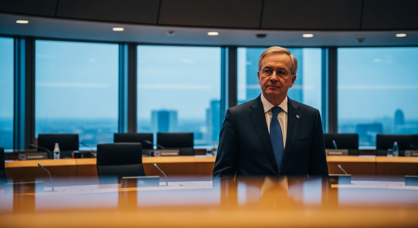 Luxembourg Foreign Minister Xavier Bettel stands in a modern conference room while discussing the European Union's commitment to diplomatic solutions in the Middle East.