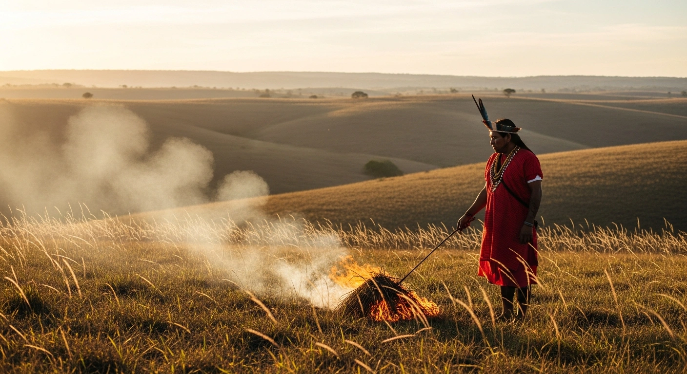 A Xerente Indigenous person performs a controlled burn in the Brazilian savanna as part of an integrated fire management strategy to prevent wildfires.