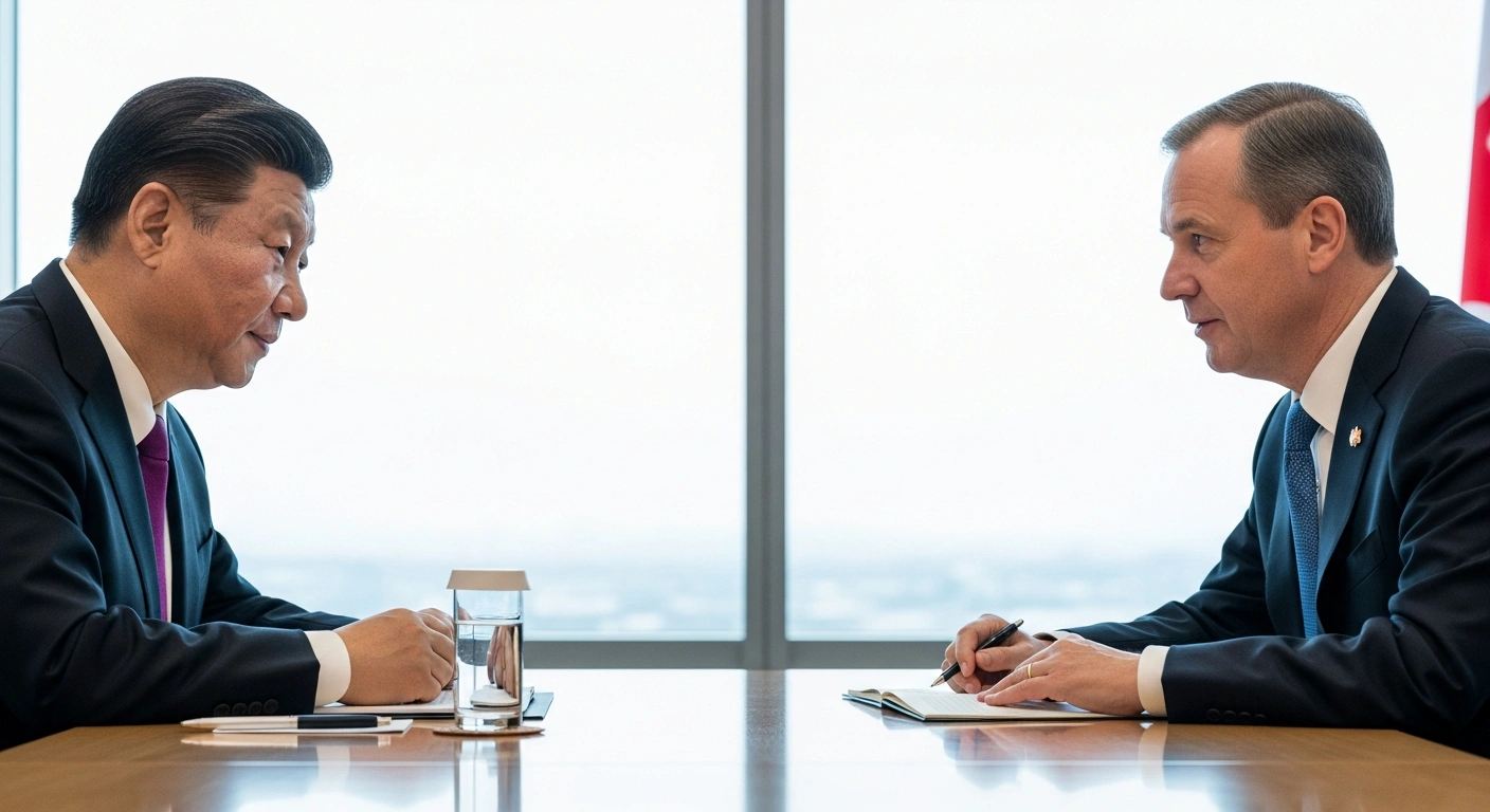 Chinese President Xi Jinping and Canadian Prime Minister Mark Carney are depicted in a formal meeting at a polished conference table, engaged in serious discussion, with a blurred background suggesting the APEC summit in Gyeongju, South Korea, symbolizing their first talks since 2017 to reset strained bilateral relations and foster future cooperation.