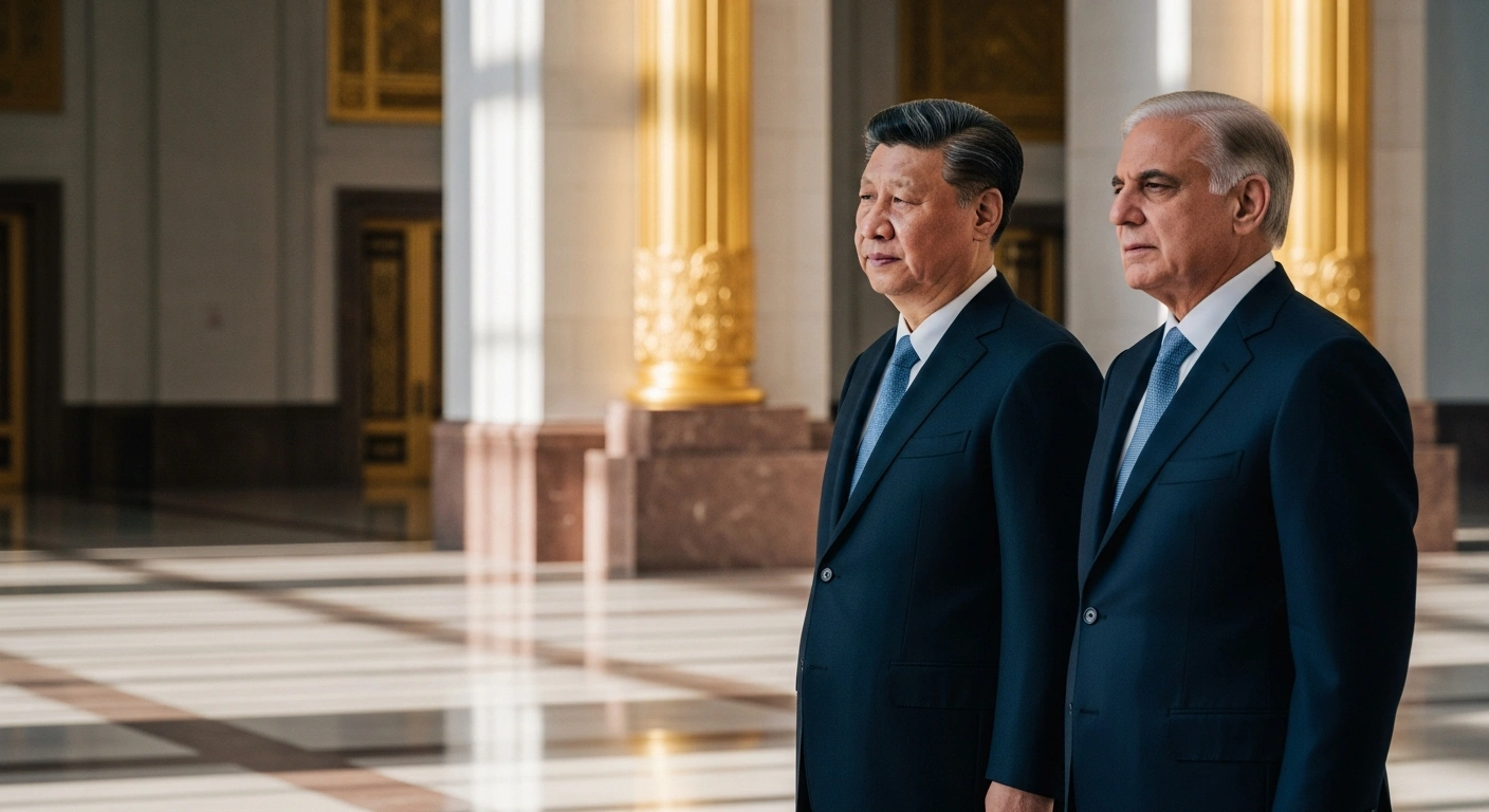 Chinese President Xi Jinping and Pakistani Prime Minister Shehbaz Sharif stand together during a diplomatic meeting in Beijing to discuss the China-Pakistan Economic Corridor.