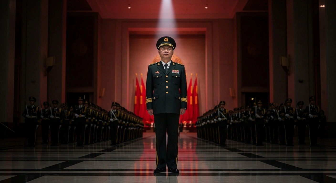 A stern military official stands in a grand hall representing the political loyalty and modernization efforts of the People's Liberation Army under the Communist Party.