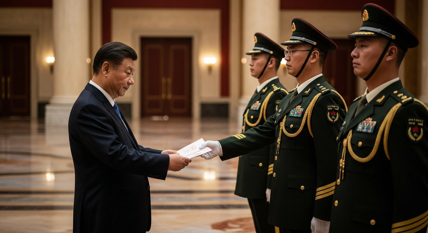Chinese President Xi Jinping presents certificates of command to two senior military officers during a promotion ceremony in Beijing.