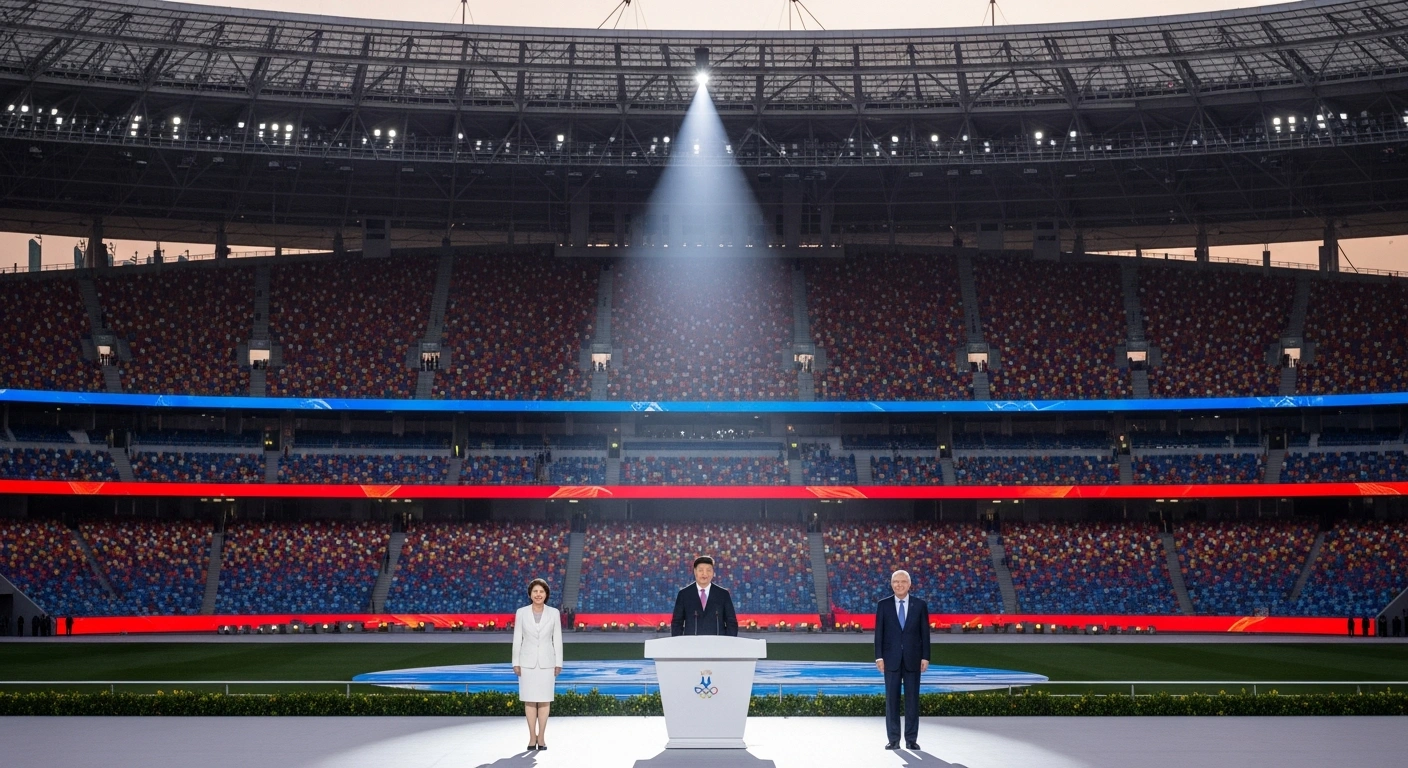 Chinese President Xi Jinping stands at a podium, officially opening the 15th National Games in a grand stadium in Guangzhou, with International Olympic Committee President Kirsty Coventry and Honorary President for Life Thomas Bach standing nearby.