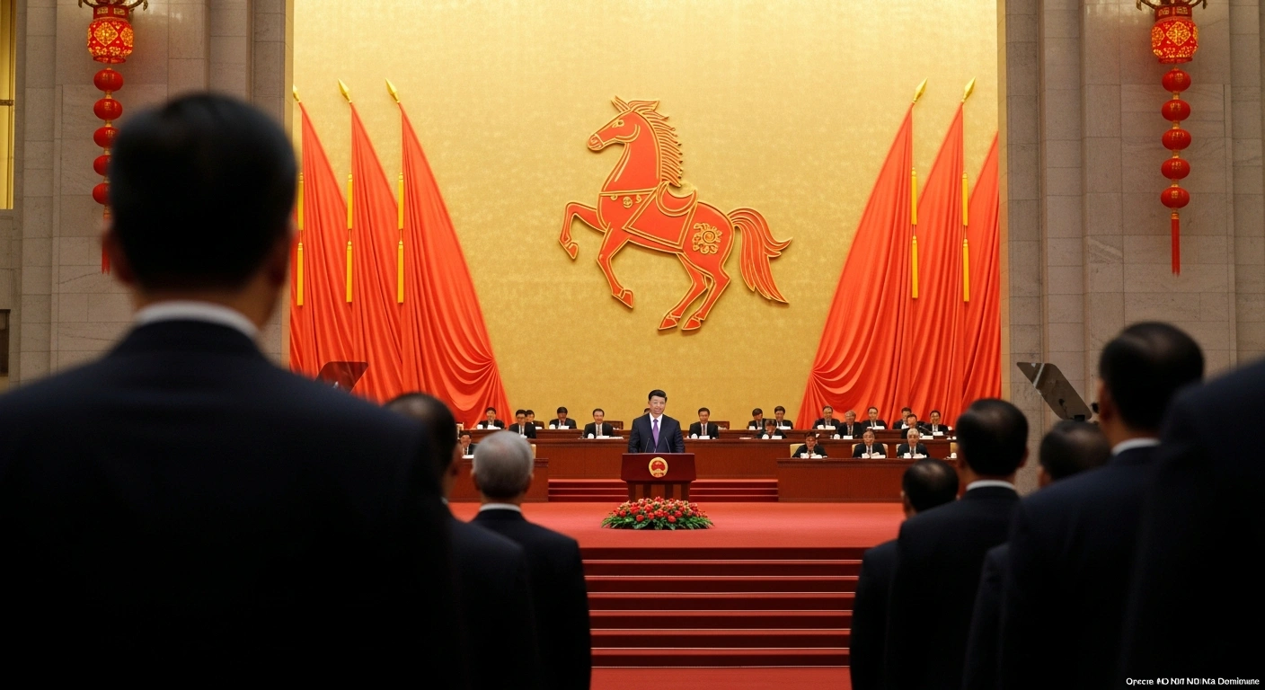 Chinese President Xi Jinping stands at a grand podium inside the Great Hall of the People, delivering Spring Festival greetings during a reception for the upcoming Lunar New Year, the Year of the Horse, in Beijing on January 29, 2014.