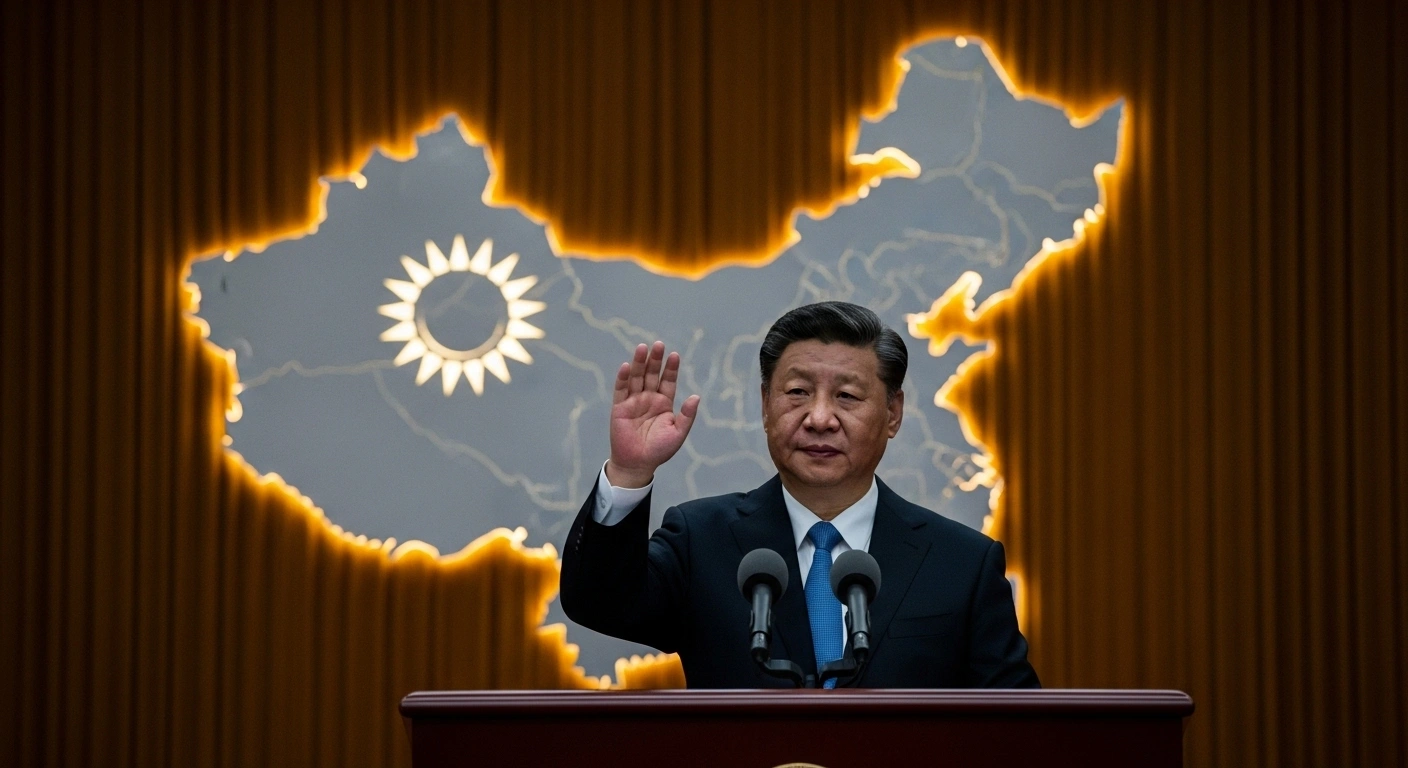 A low-angle, dramatic photograph of Chinese President Xi Jinping at a polished podium, with a subtly illuminated, stylized map of China including Taiwan in the background, conveying his firm stance on national sovereignty and territorial integrity.