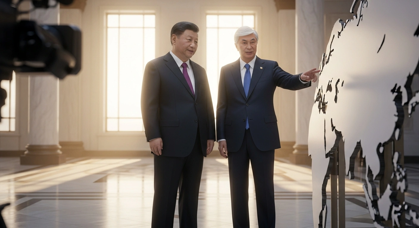 Chinese President Xi Jinping and Kazakh President Kassym-Jomart Tokayev stand together during a high-level diplomatic meeting to discuss bilateral cooperation.