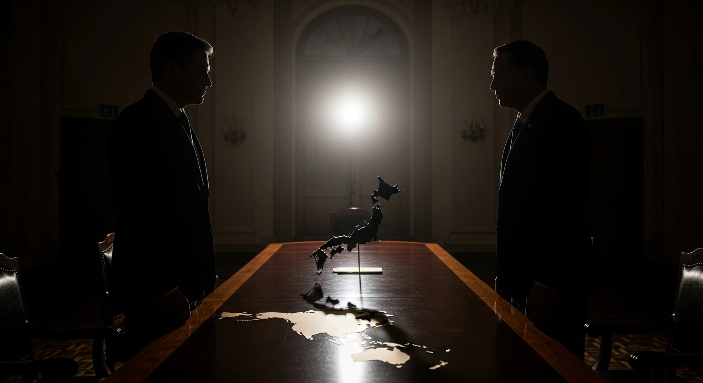 Chinese President Xi Jinping and U.S. President Donald Trump are depicted in a tense diplomatic meeting regarding the status of Taiwan.