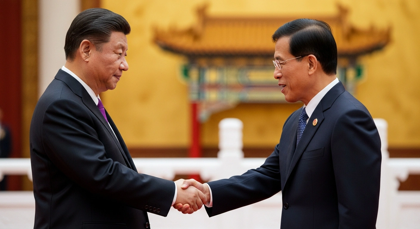 Chinese President Xi Jinping and Thailand's King Maha Vajiralongkorn Phra Vajiraklaochaoyuhua shake hands in a formal setting, symbolizing the strengthening of diplomatic relations and commemorating 50 years of ties between China and Thailand.