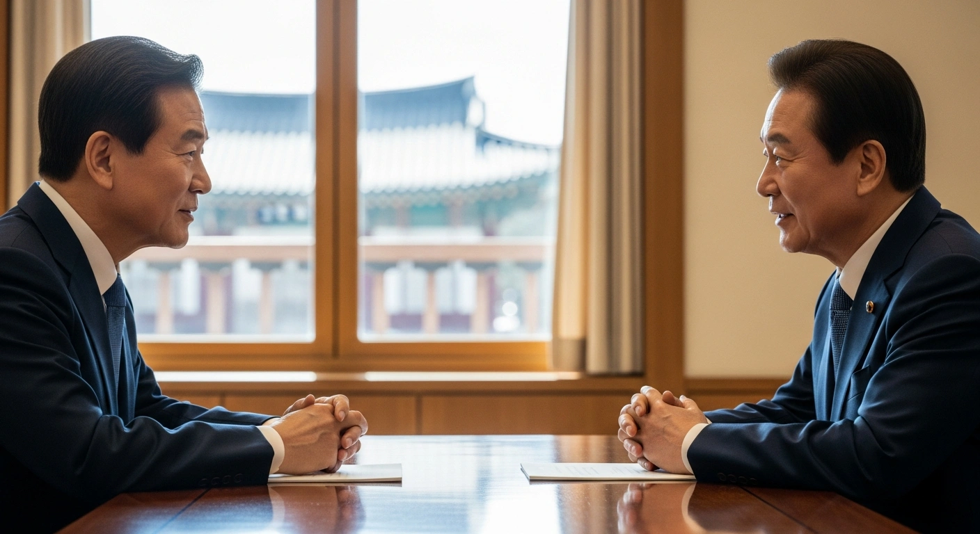 Chinese President Xi Jinping and South Korean President Lee Jae-myung are shown in a formal summit meeting in Gyeongju, engaged in serious discussion about strategic communication, economic cooperation, and regional stability.