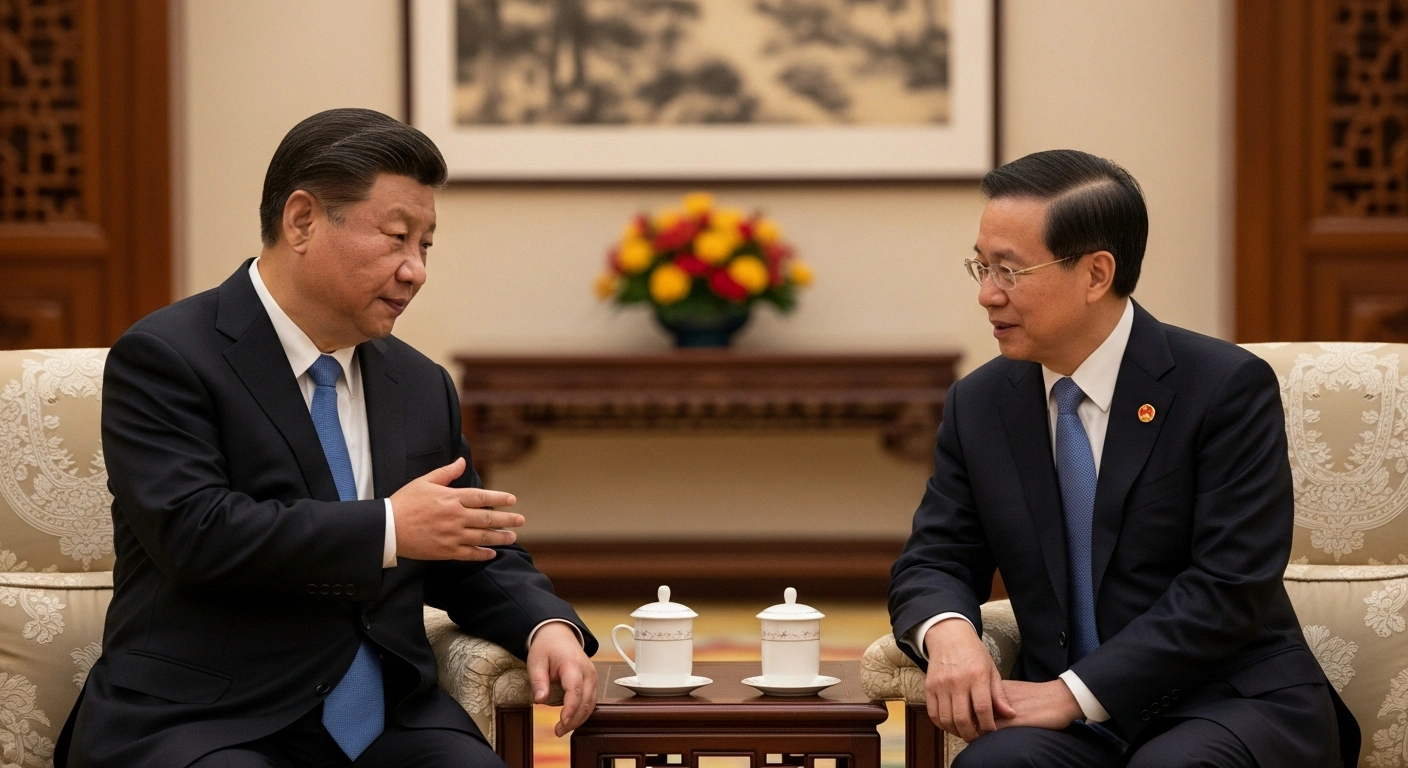 President Xi Jinping and Hong Kong Chief Executive John Lee are depicted in a formal meeting within a grand, traditionally decorated room in Beijing, where Xi offers support for the HKSAR government's work on national security and economic development, and the 'one country, two systems' policy.
