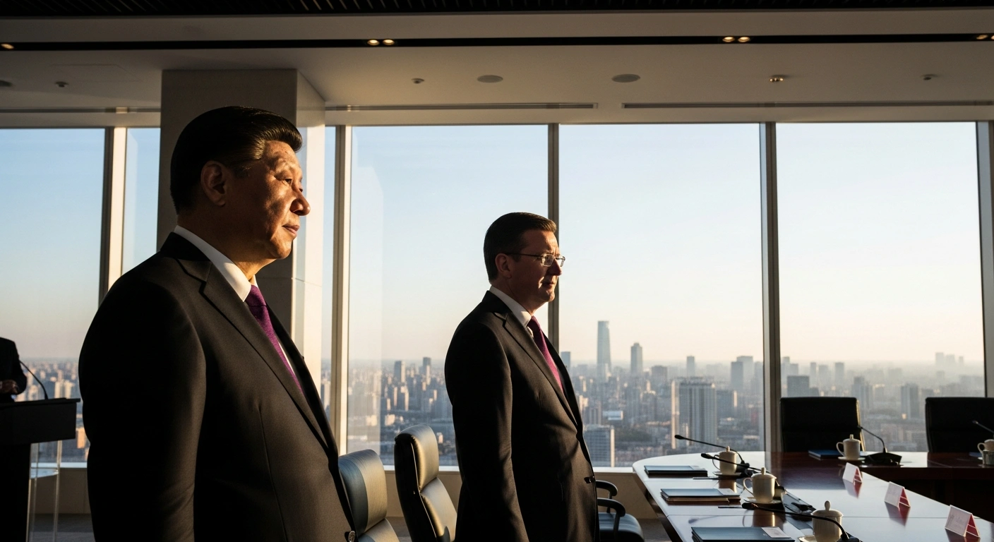 Chinese President Xi Jinping and Irish Taoiseach Micheál Martin stand side-by-side, looking out over a modern Beijing skyline at dusk, symbolizing their discussions on strengthening bilateral cooperation, economic ties, cultural exchanges, and global issues, including open trade.