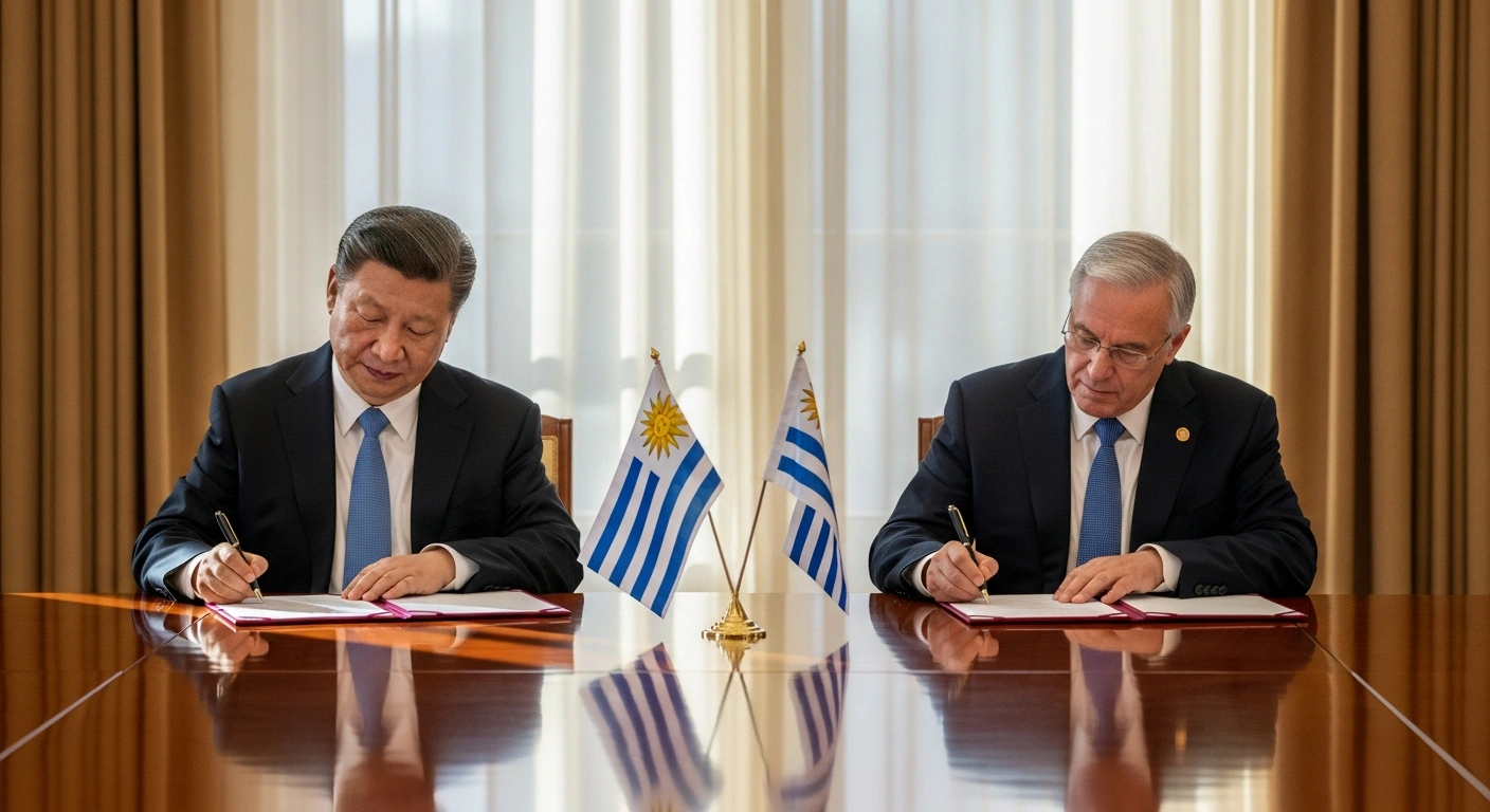 A wide, low-angle shot shows Chinese President Xi Jinping and Uruguayan President Yamandu Orsi seated at a polished conference table, signing official documents, symbolizing their comprehensive strategic partnership and cooperation in Beijing.