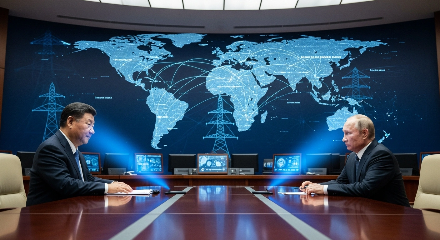 A photorealistic image depicting Chinese President Xi Jinping and Russian President Vladimir Putin engaged in a video call, their faces illuminated by screen light across a grand table, symbolizing their economic and strategic cooperation and mutual support as global stabilizing factors.