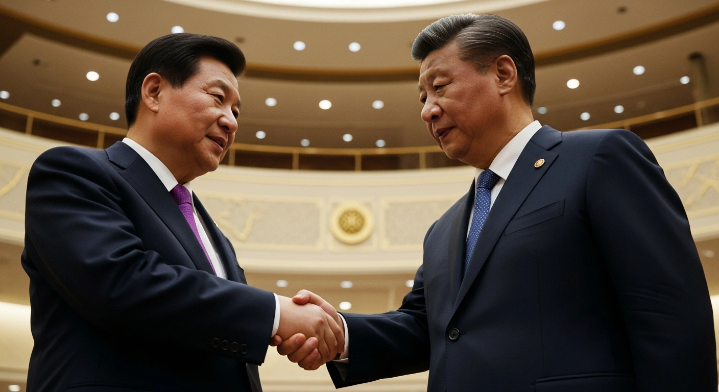 Chinese President Xi Jinping and South Korean President Lee Jae Myung shake hands in a formal setting during Xi's state visit to South Korea, where they discussed trade and denuclearization at the APEC summit.