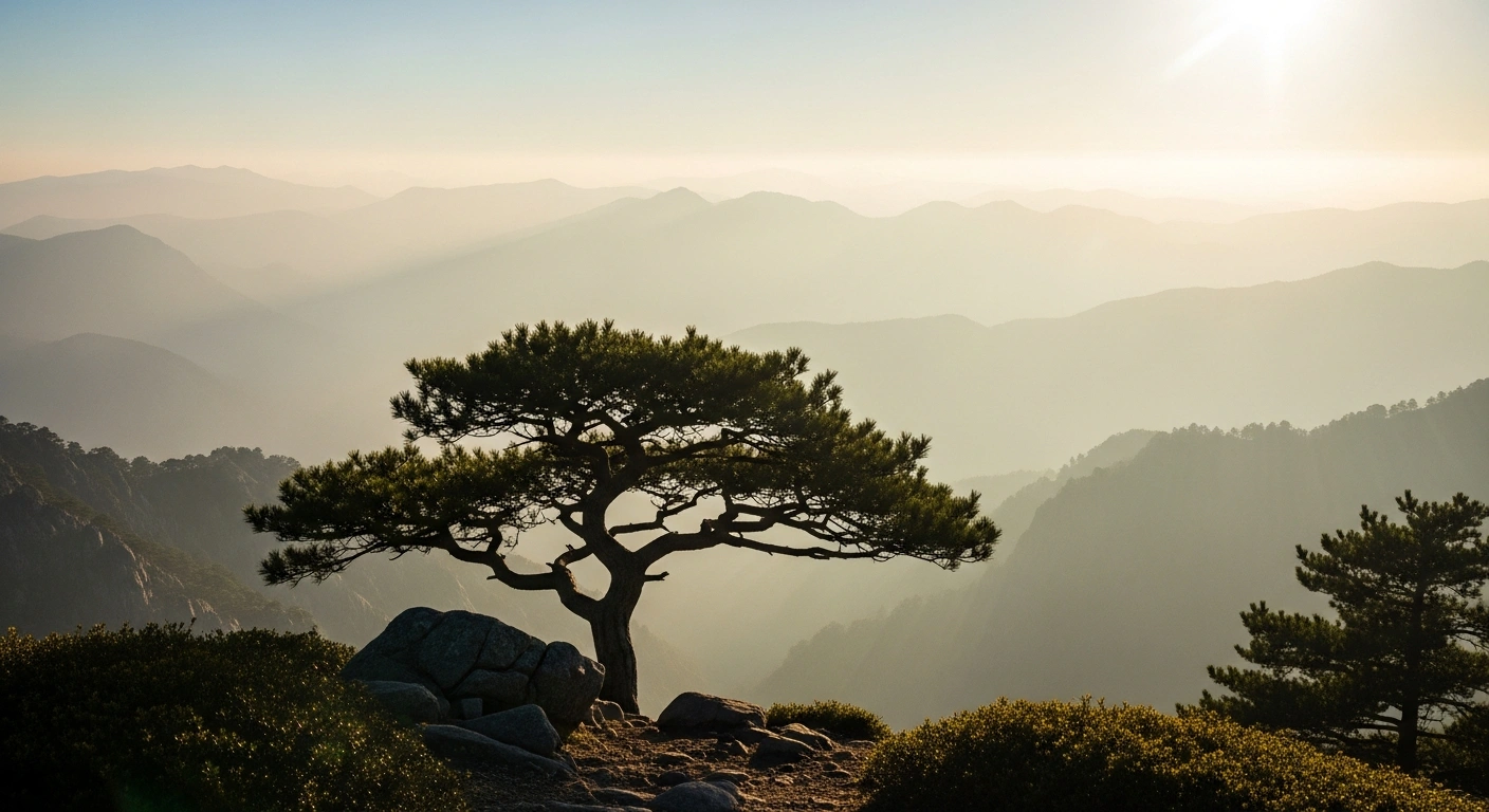 A photorealistic wide shot captures majestic, mist-shrouded mountain peaks bathed in a soft golden hour glow, with a solitary, gnarled pine tree silhouetted in the foreground, visually representing the themes of nature, human existence, and cultural identity explored in Xianwei Zhu's 'The Way of Mountains' exhibition, which blends Zen Buddhist philosophy and Western Romanticism.