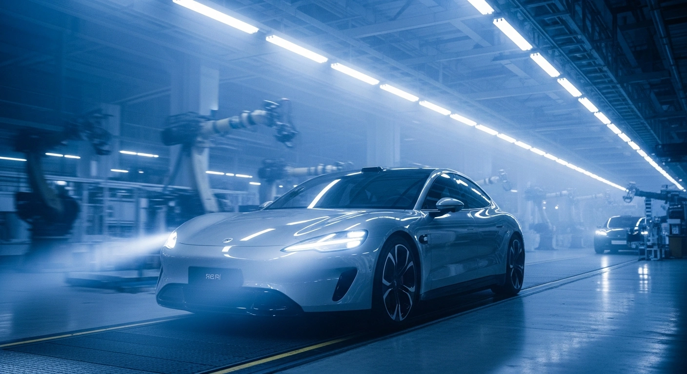 A sleek, futuristic Xiaomi electric vehicle emerges from a high-tech assembly line, symbolizing the Chinese tech giant's aggressive growth strategy to deliver 550,000 units by 2026, a 34% increase from its 2025 performance.
