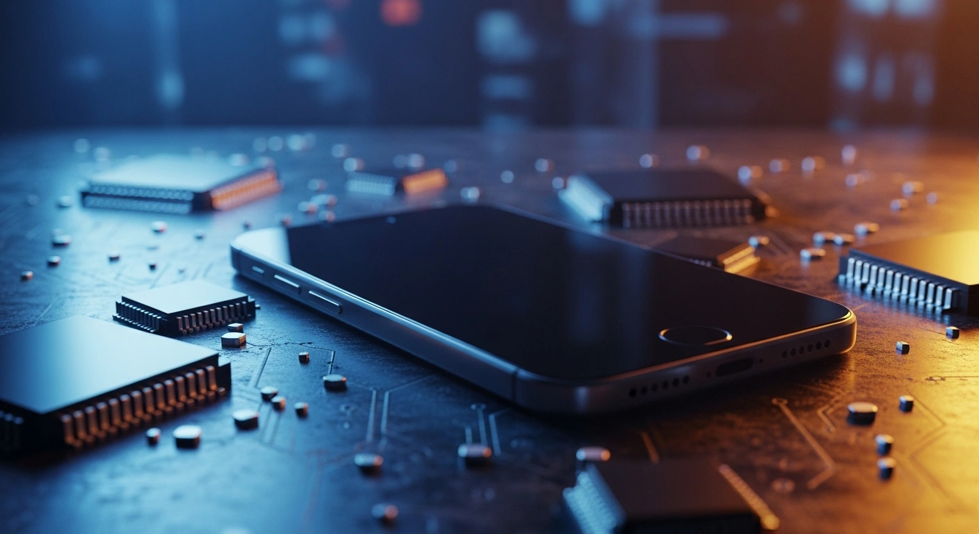 A modern smartphone lies on a dark surface surrounded by computer memory chips to represent the decline in Xiaomi's quarterly profits.