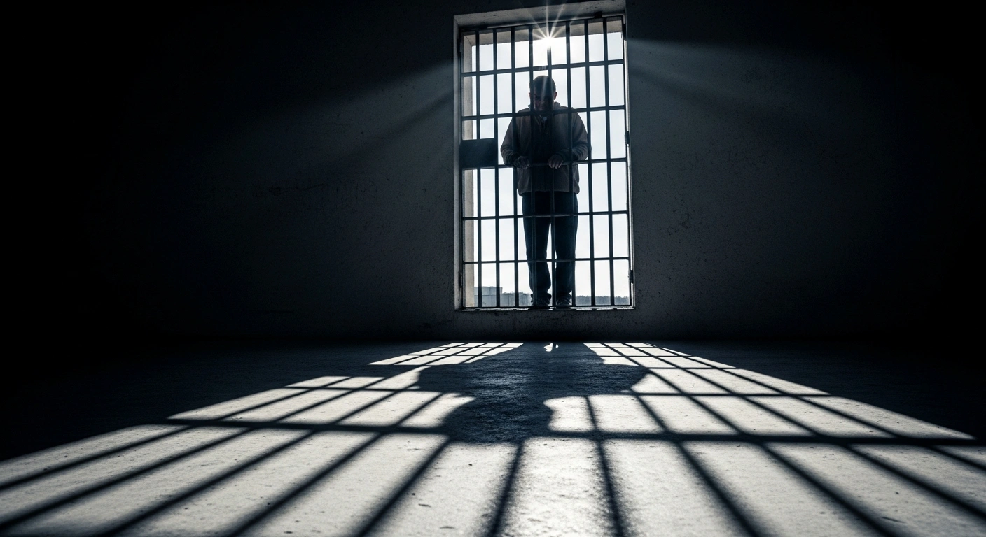A silhouette of a man stands behind iron prison bars, representing the sentencing of human rights lawyer Xie Yang in China.