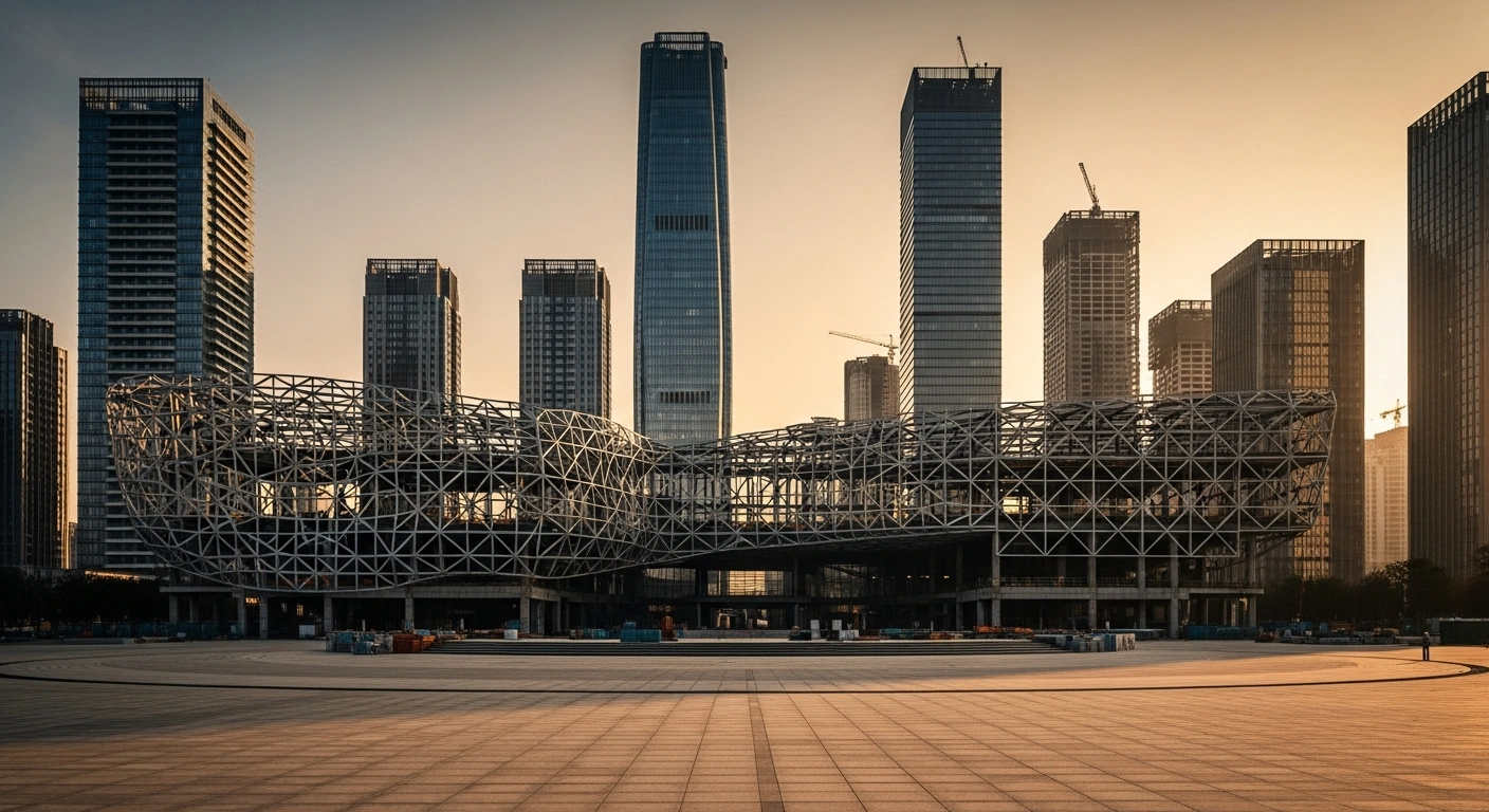 The main structure of a new urban cultural square is under construction in the Xiong'an New Area of China.