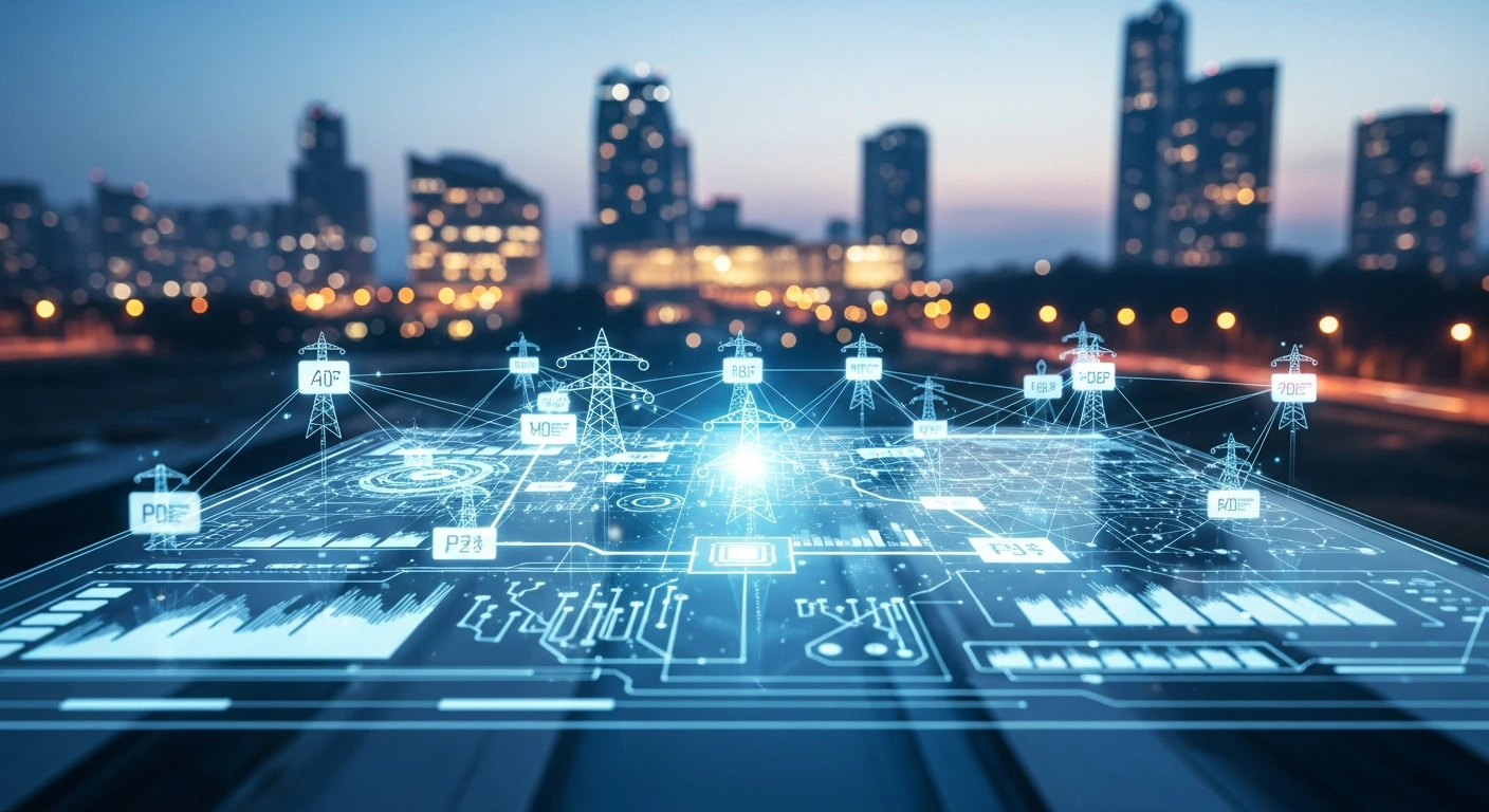 A digital visualization of an AI-based smart grid dispatching system managing power distribution in the Xiong'an New Area smart city.