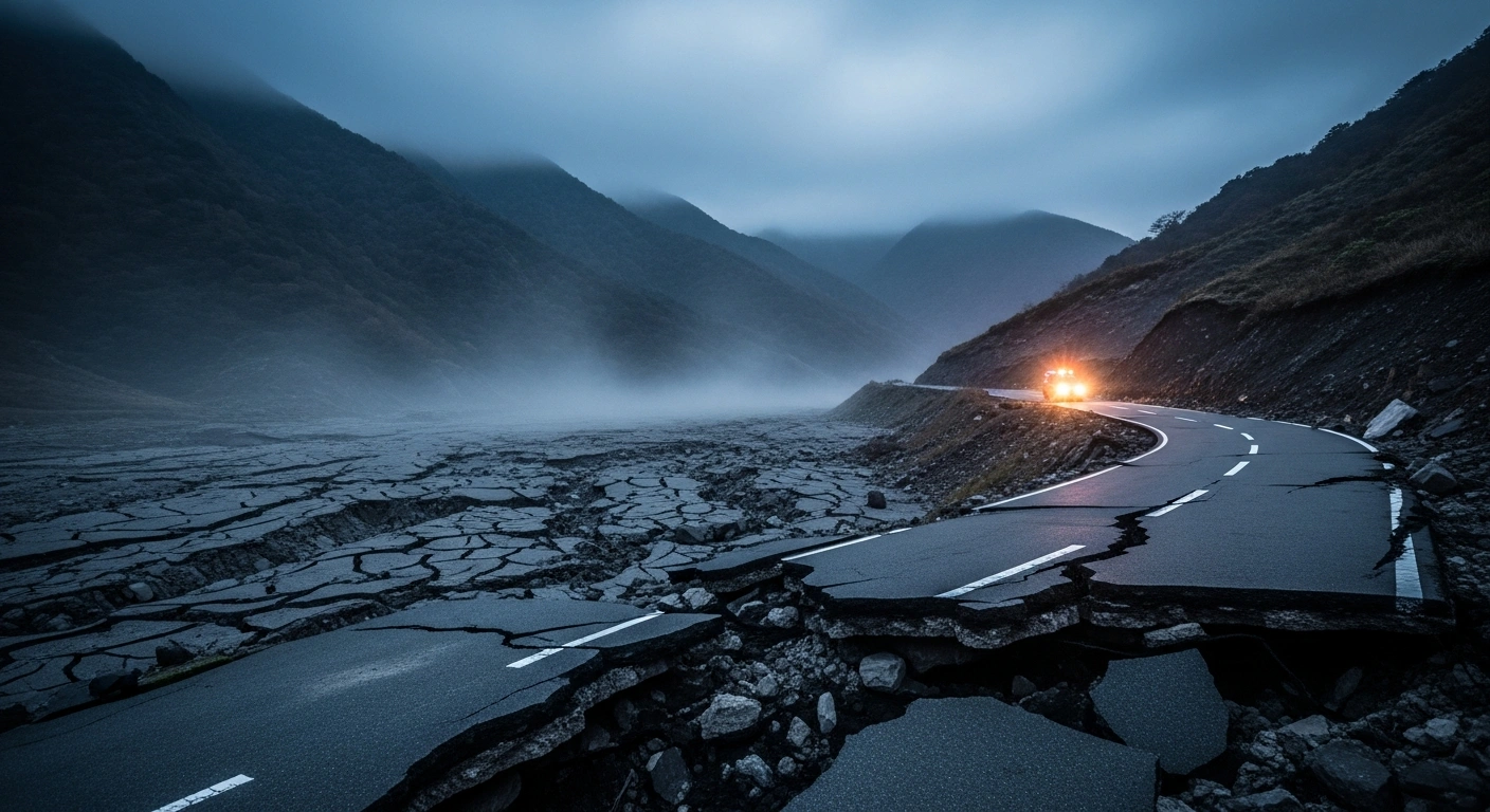 A cracked road winds through the mountainous landscape of Yamanashi Prefecture following a magnitude 5.6 earthquake in Japan.