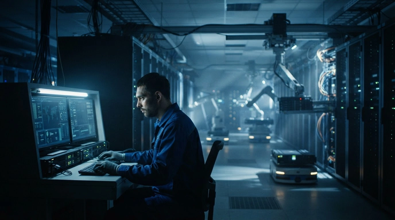 A technician works in a high-tech server facility as Yandex and the Russian Ministry of Digital Development relocate critical data systems following drone strikes.