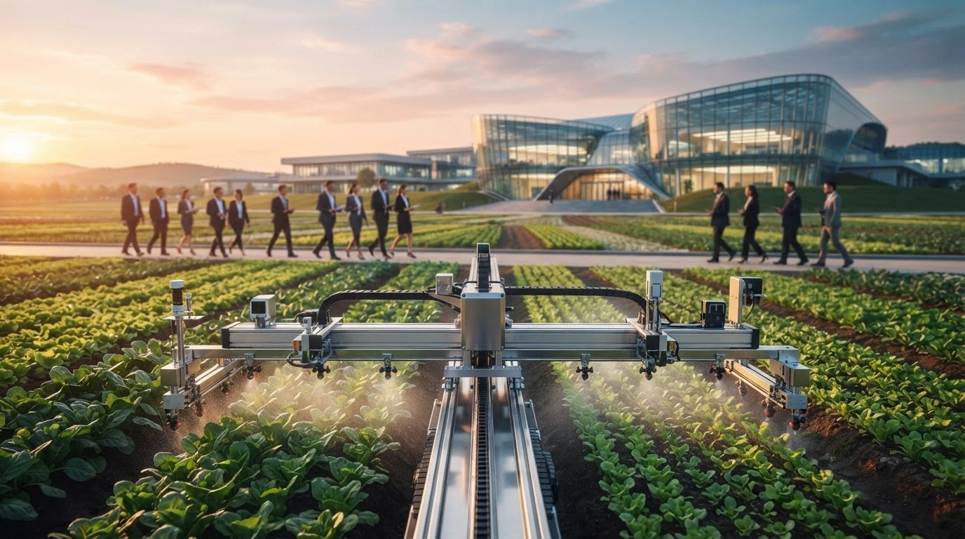 A modern agricultural technology exhibition featuring advanced farming equipment and sustainable crop fields in Yangling during the SCO Agricultural Expo.