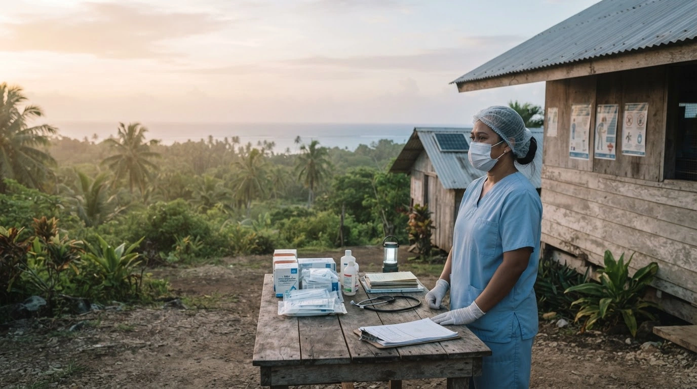 A healthcare worker in protective gear manages medical supplies at a clinic in the Federated States of Micronesia during a diarrhoeal outbreak response.