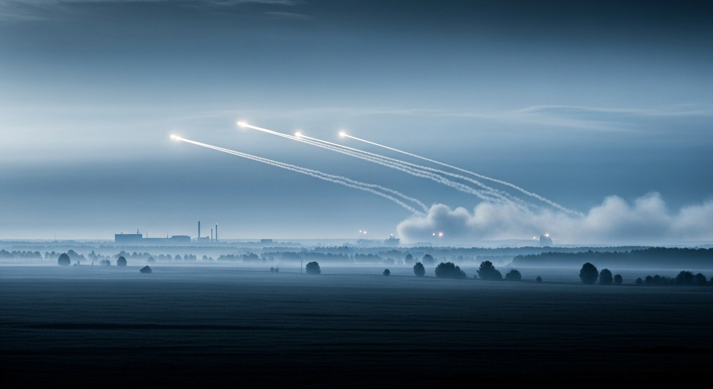 Russian air defense systems fire missiles into the morning sky over the Yaroslavl region to intercept incoming drones.