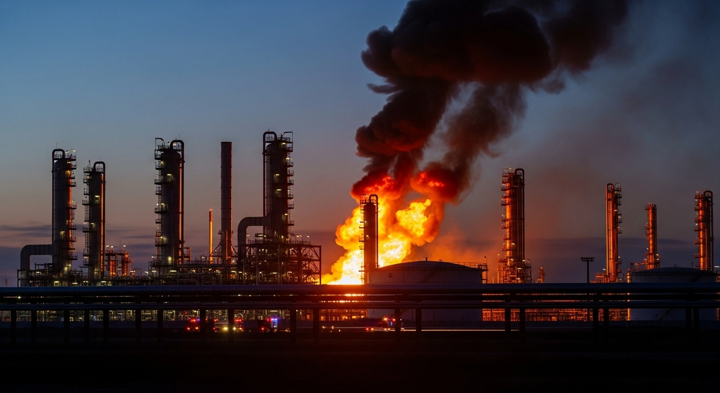A large fire burns at an oil refinery in Yaroslavl following a reported drone strike on Russian energy infrastructure.