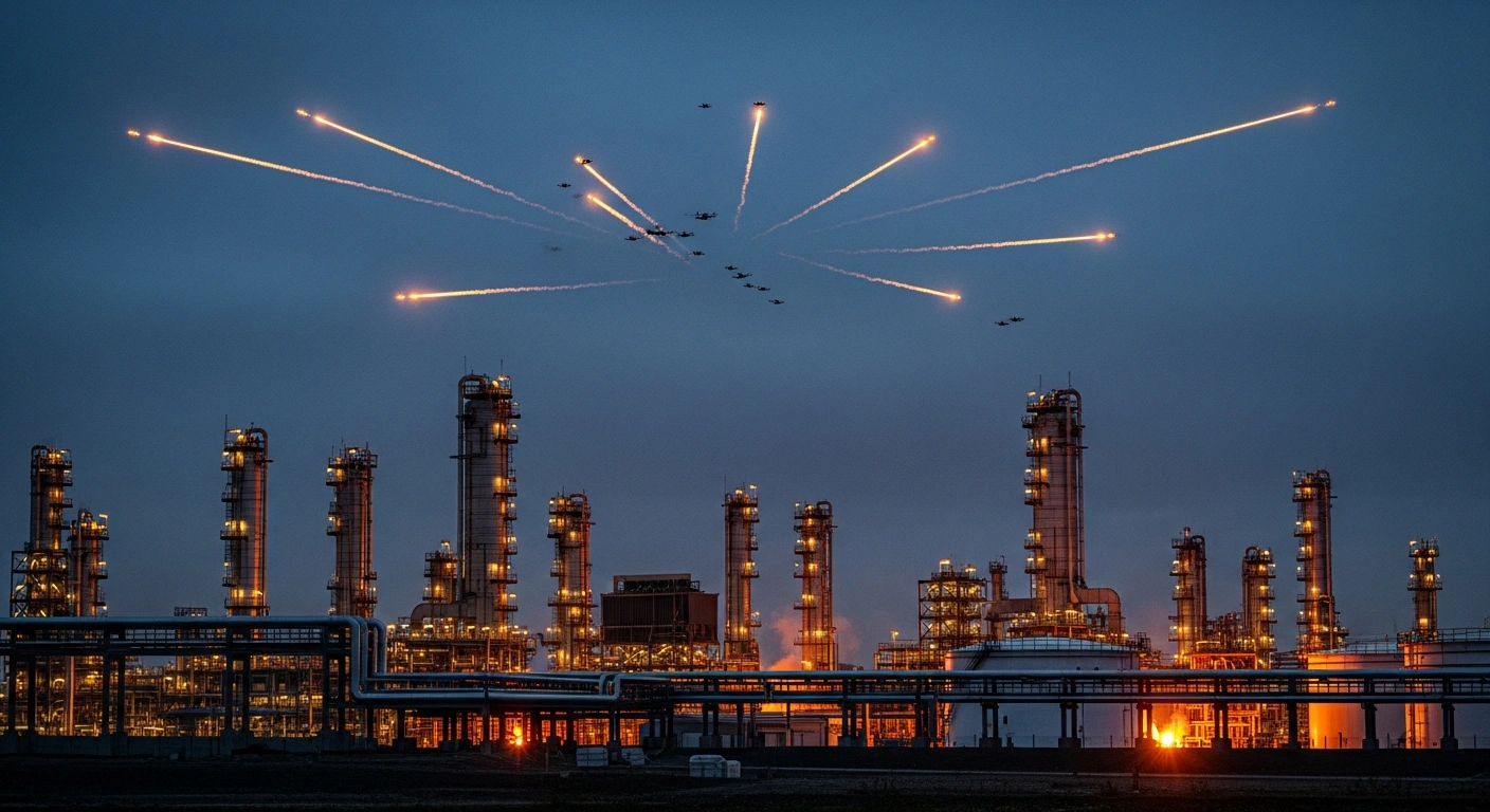 A wide view of the Slavneft-YANOS oil refinery in Yaroslavl at night as anti-aircraft fire attempts to intercept incoming Ukrainian drones.