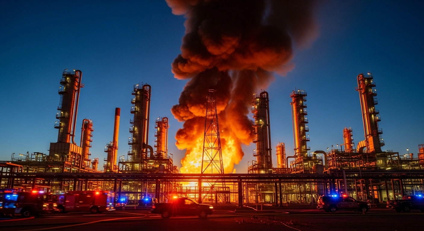 A large oil refinery in Yaroslavl burns after a Ukrainian drone strike, with smoke rising into the night sky as emergency services respond to the scene.