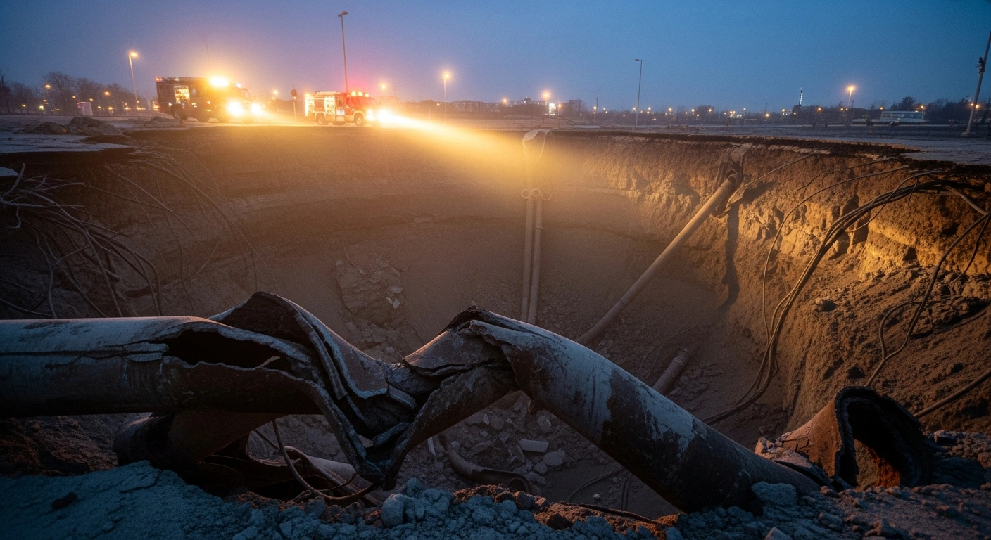 A low-angle view of a massive sinkhole in an urban area of Japan, illuminated by emergency lights, revealing a corroded and fractured sewer pipe at its depth, representing the cause of the incident in Yashio, Saitama Prefecture, that tragically claimed a truck driver's life.