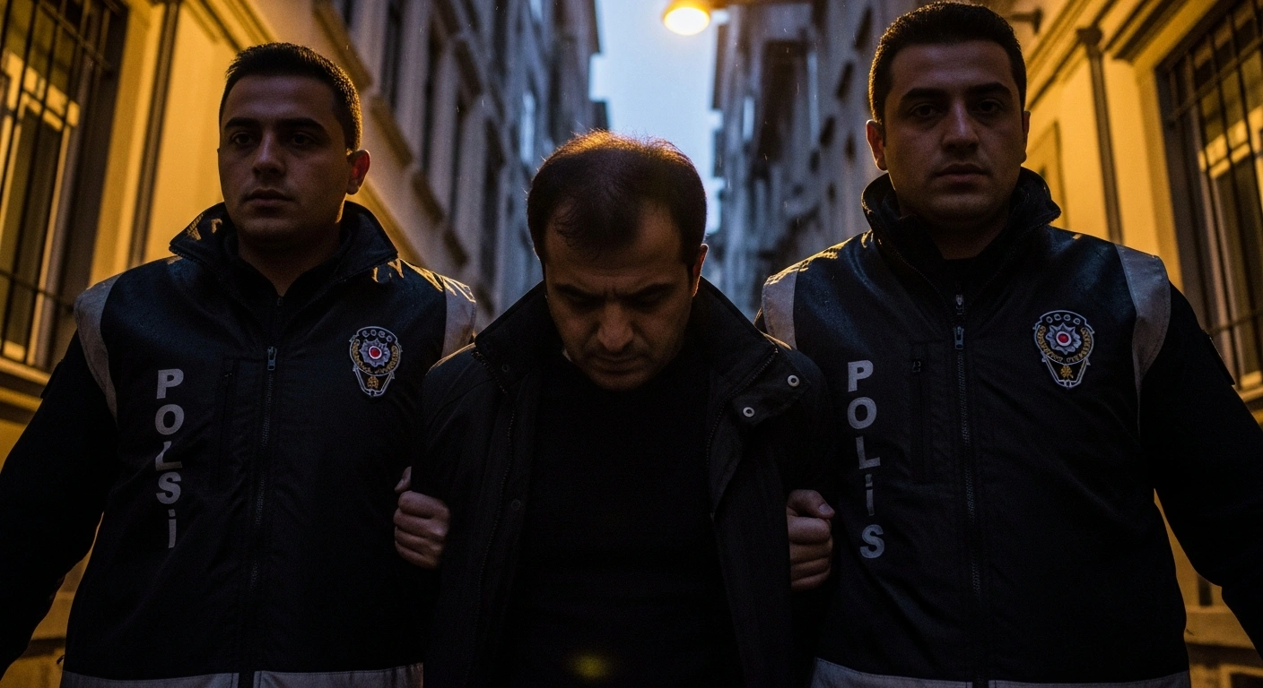A man, identified as Yasir Gülen, is being escorted by two plainclothes officers in a dimly lit, rain-slicked alley in Istanbul's Ümraniye district, symbolizing his detention on charges related to the Gülen movement.