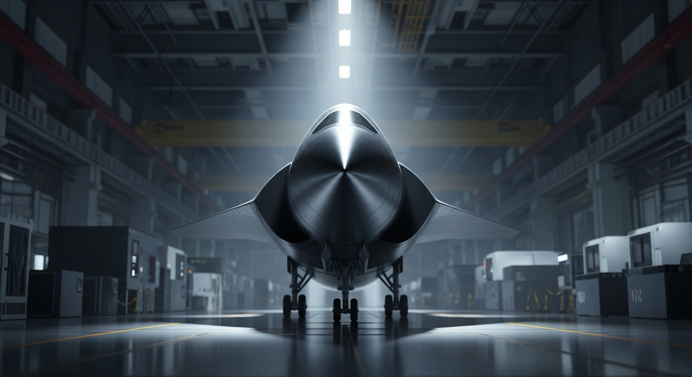 A sleek, dark YKJ-1000 hypersonic missile is dramatically illuminated by a single spotlight on a high-tech factory floor, symbolizing its mass production by Lingkong Tianxing Technology.