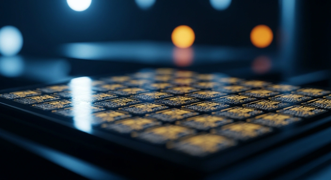 A close-up view of a high-tech semiconductor wafer representing the manufacturing operations of Yangtze Memory Technologies Co. as it prepares for an initial public offering.