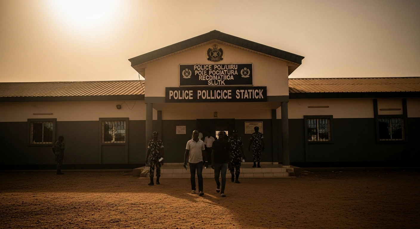 Two suspects are being escorted by Nigerian police officers into a station in Damaturu following an investigation into the death of a newborn baby.
